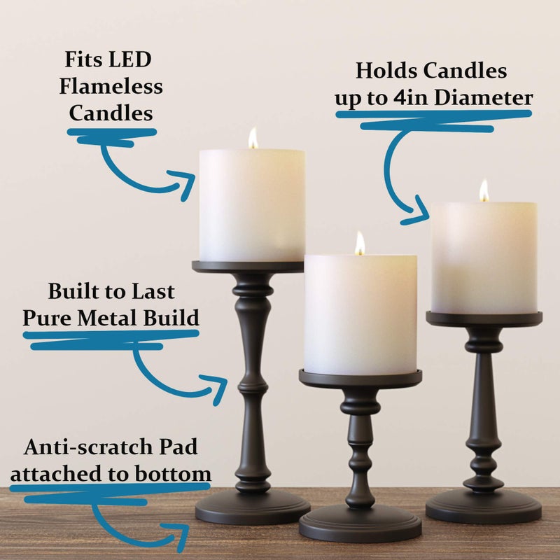 HB Design Co. Matte Black Candle Holders Set of 3 - Metal Candle Holders for Pillar Candles - 3 Pillar Candle Holder Centerpiece - Pillar Candle Holders for Table - Black Candle Holder Set Candle Stands Decorative - Image 2